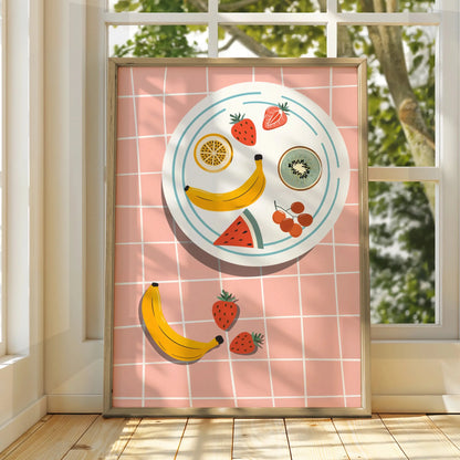 Fruit Bowl Kitchen Art Print, Colourful Food Poster, Retro Kitchen Wall Decor, Fun Dining Room