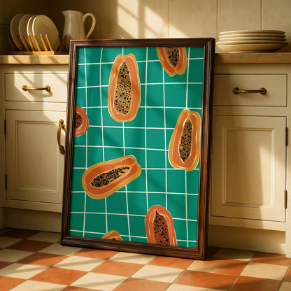 Papaya Kitchen Wall Art Print, Tropical Fruit Poster, Teal Bold Retro Kitchen Decor