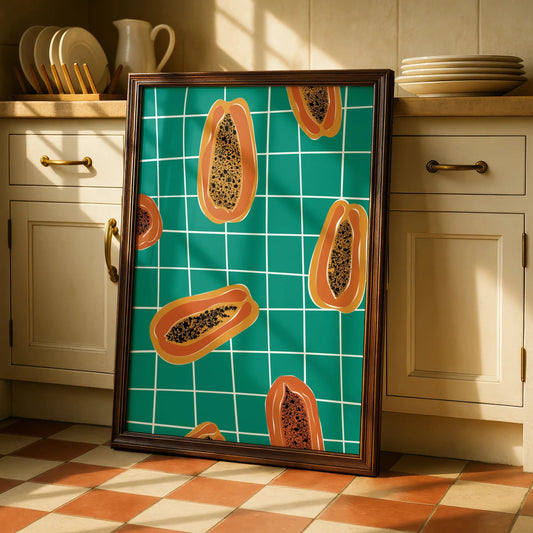 Papaya Kitchen Wall Art Print, Tropical Fruit Poster, Teal Bold Retro Kitchen Decor