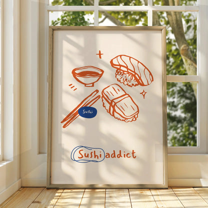 Sushi Addict Kitchen Wall Art, Japanese Food Poster, Cute Sushi Print, Foodie Gift