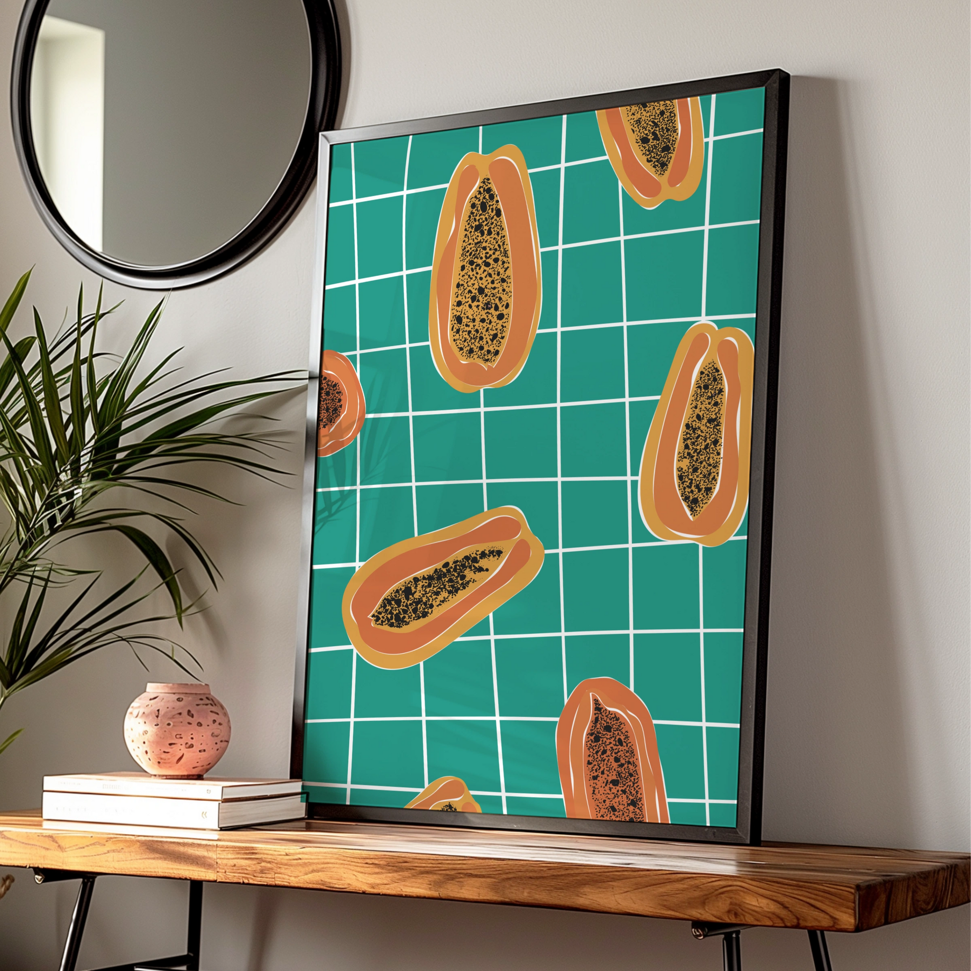 Papaya Kitchen Wall Art Print, Tropical Fruit Poster, Teal Bold Retro Kitchen Decor