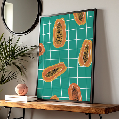 Papaya Kitchen Wall Art Print, Tropical Fruit Poster, Teal Bold Retro Kitchen Decor