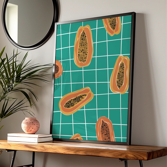 Papaya Kitchen Wall Art Print, Tropical Fruit Poster, Teal Bold Retro Kitchen Decor
