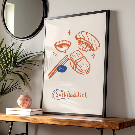 Sushi Addict Kitchen Wall Art, Japanese Food Poster, Cute Sushi Print, Foodie Gift