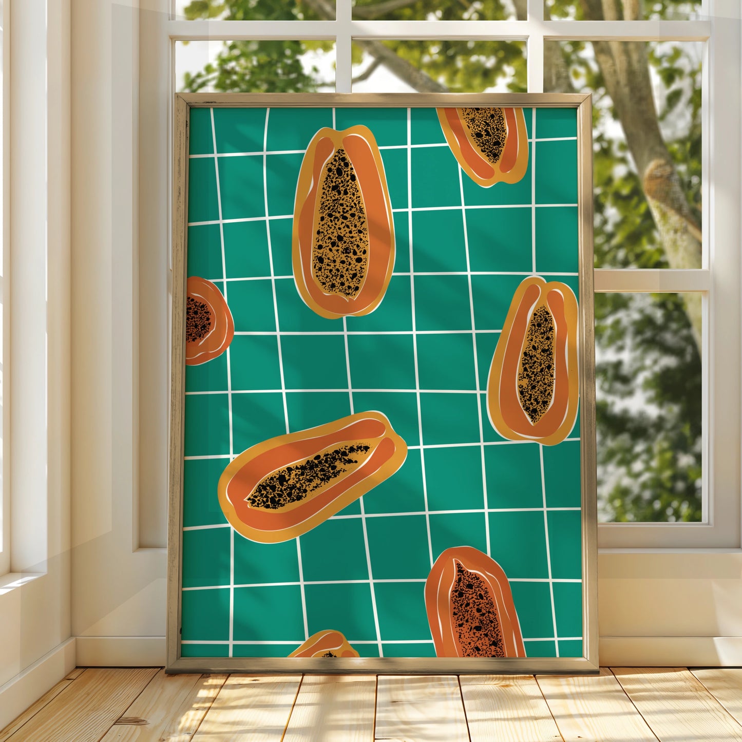Papaya Kitchen Wall Art Print, Tropical Fruit Poster, Teal Bold Retro Kitchen Decor