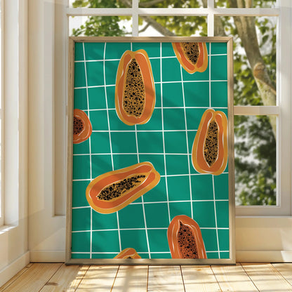 Papaya Kitchen Wall Art Print, Tropical Fruit Poster, Teal Bold Retro Kitchen Decor