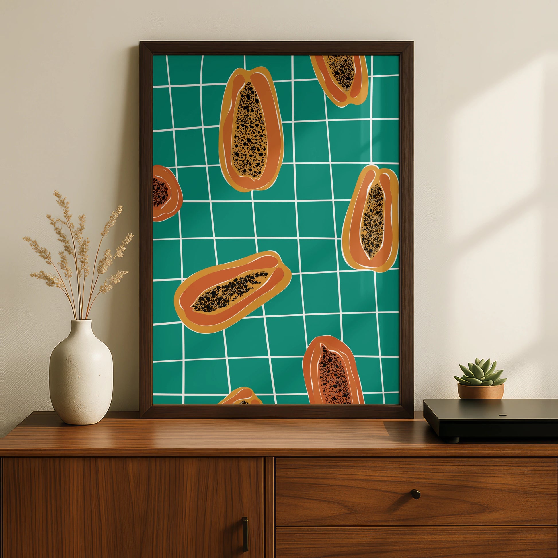 Papaya Kitchen Wall Art Print, Tropical Fruit Poster, Teal Bold Retro Kitchen Decor