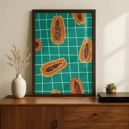 Papaya Kitchen Wall Art Print, Tropical Fruit Poster, Teal Bold Retro Kitchen Decor