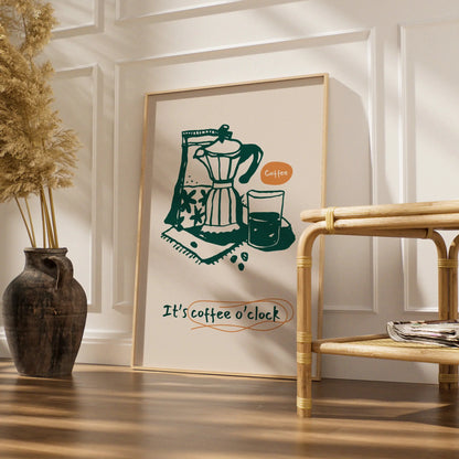 Coffee Kitchen Wall Art Print, It's Coffee O'Clock Poster, Moka Pot Cafe Decor
