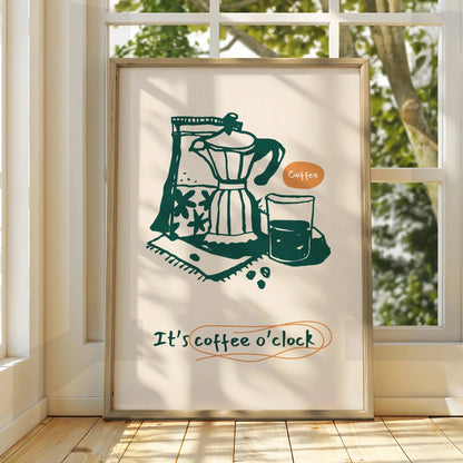Coffee Kitchen Wall Art Print, It's Coffee O'Clock Poster, Moka Pot Cafe Decor