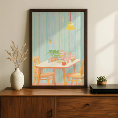 Pastel Kitchen Dining Room Art Print, Retro Table Scene Poster, Colourful Kitchen Wall Art