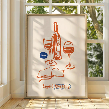 Wine Liquid Therapy Kitchen Print, Funny Wine Poster, Bar Cart Wall Art, Gift for Wine Lovers