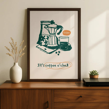 Coffee Kitchen Wall Art Print, It's Coffee O'Clock Poster, Moka Pot Cafe Decor