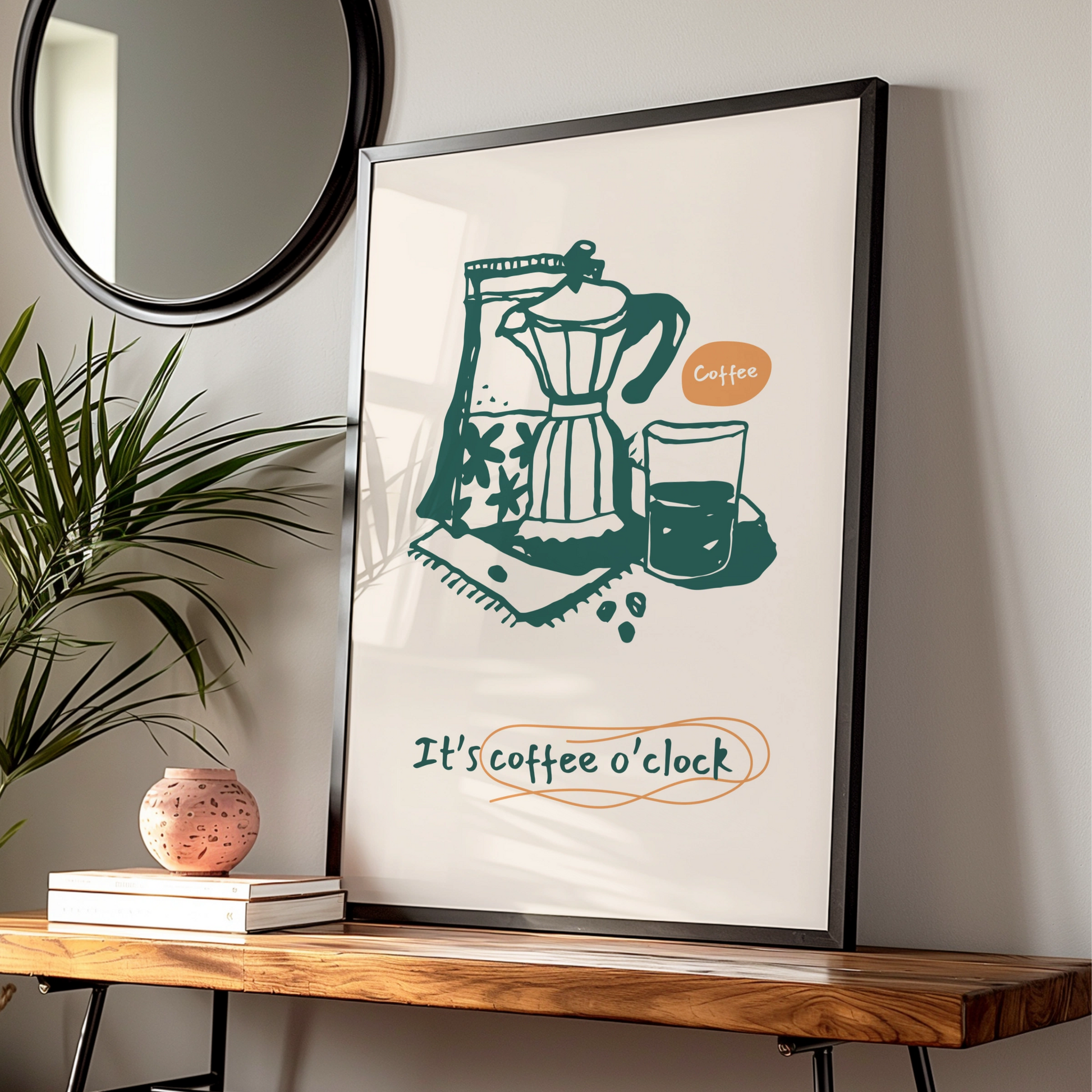 Coffee Kitchen Wall Art Print, It's Coffee O'Clock Poster, Moka Pot Cafe Decor