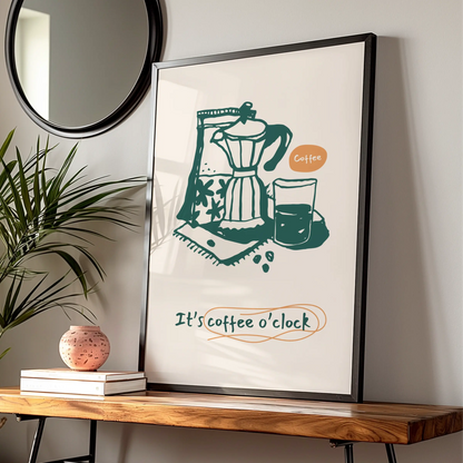 Coffee Kitchen Wall Art Print, It's Coffee O'Clock Poster, Moka Pot Cafe Decor