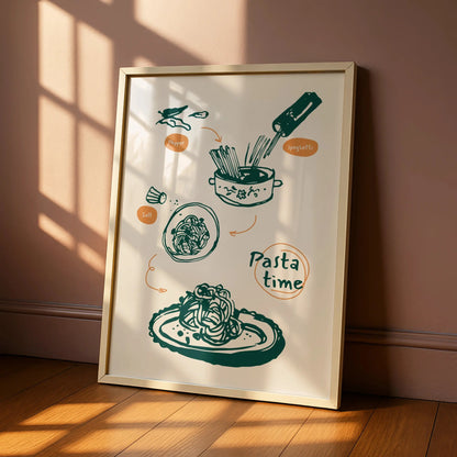 Pasta Time Kitchen Art Print, Spaghetti Cooking Poster, Italian Food Wall Decor, Chef Gift