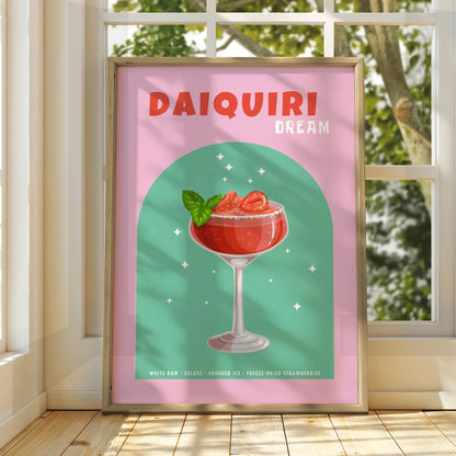 Strawberry Daiquiri Kitchen Print, Cocktail Wall Art, Bar Cart Poster, Pink Green