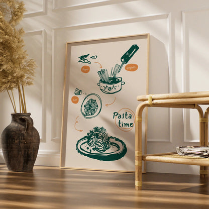 Pasta Time Kitchen Art Print, Spaghetti Cooking Poster, Italian Food Wall Decor, Chef Gift