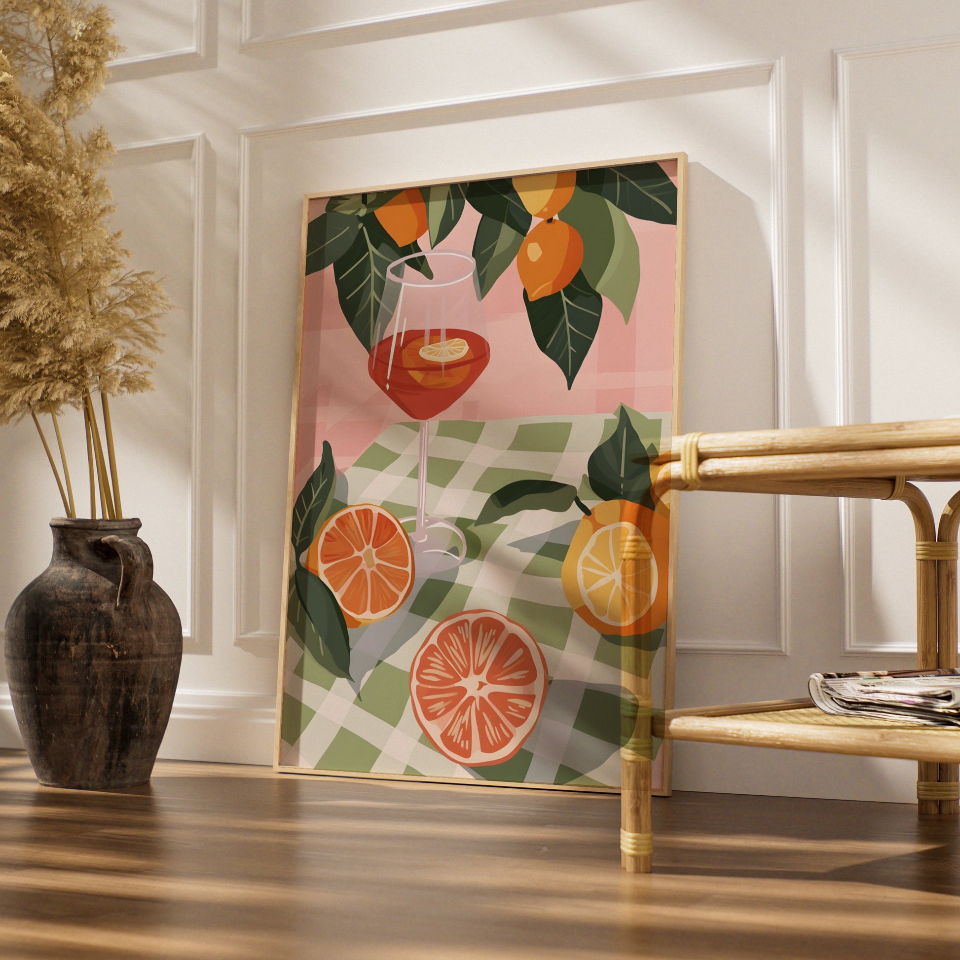 Citrus Cocktail Kitchen Print, Aperol Spritz Poster, Fruit Wall Art, Gingham Summer Decor