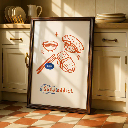 Sushi Addict Kitchen Wall Art, Japanese Food Poster, Cute Sushi Print, Foodie Gift