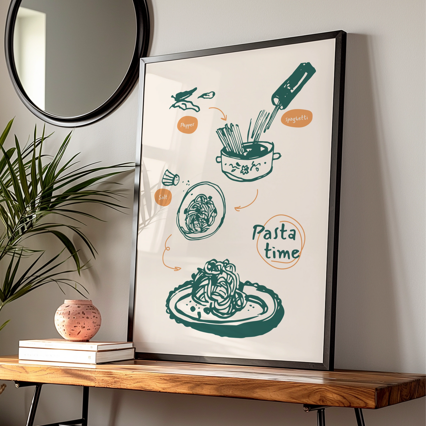Pasta Time Kitchen Art Print, Spaghetti Cooking Poster, Italian Food Wall Decor, Chef Gift