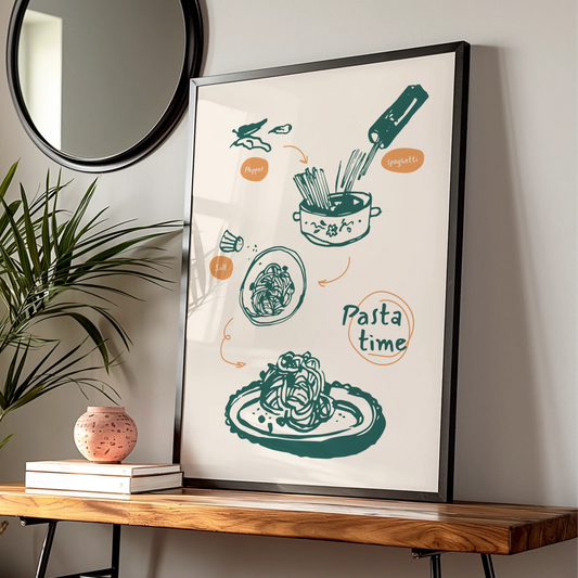 Pasta Time Kitchen Art Print, Spaghetti Cooking Poster, Italian Food Wall Decor, Chef Gift