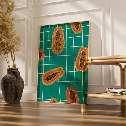 Papaya Kitchen Wall Art Print, Tropical Fruit Poster, Teal Bold Retro Kitchen Decor