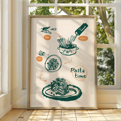 Pasta Time Kitchen Art Print, Spaghetti Cooking Poster, Italian Food Wall Decor, Chef Gift