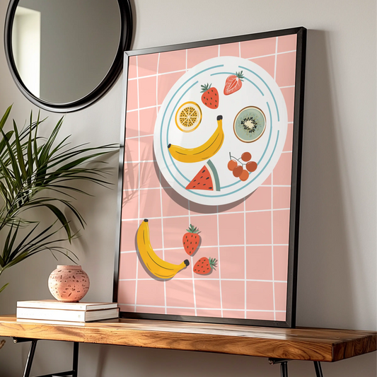 Fruit Bowl Kitchen Art Print, Colourful Food Poster, Retro Kitchen Wall Decor, Fun Dining Room