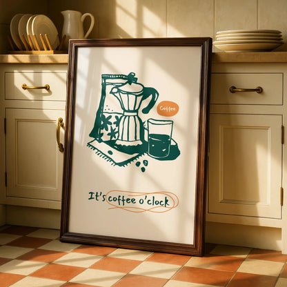 Coffee Kitchen Wall Art Print, It's Coffee O'Clock Poster, Moka Pot Cafe Decor