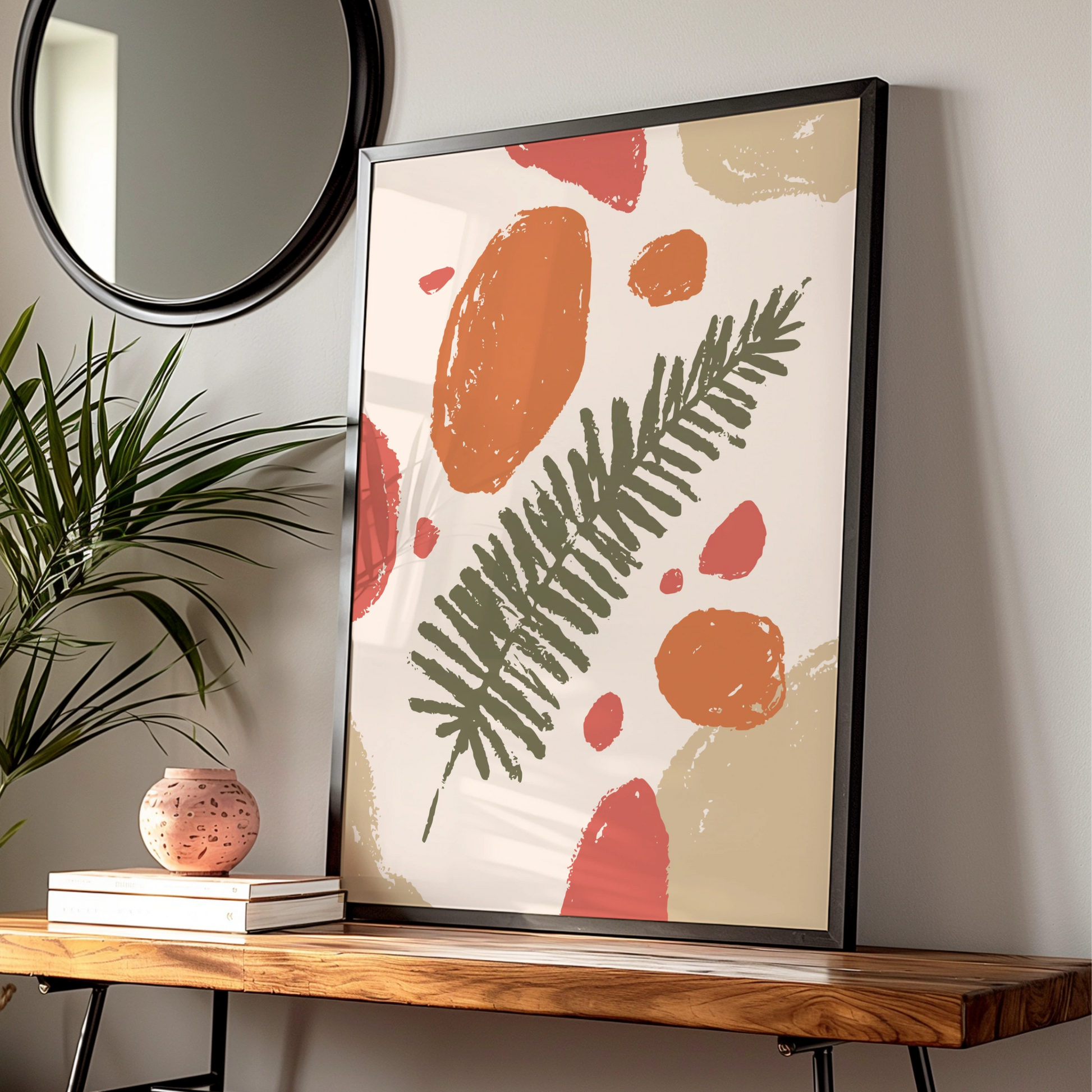 Botanical Kitchen Wall Art, Boho Fern Leaf Print, Terracotta Orange Green Poster