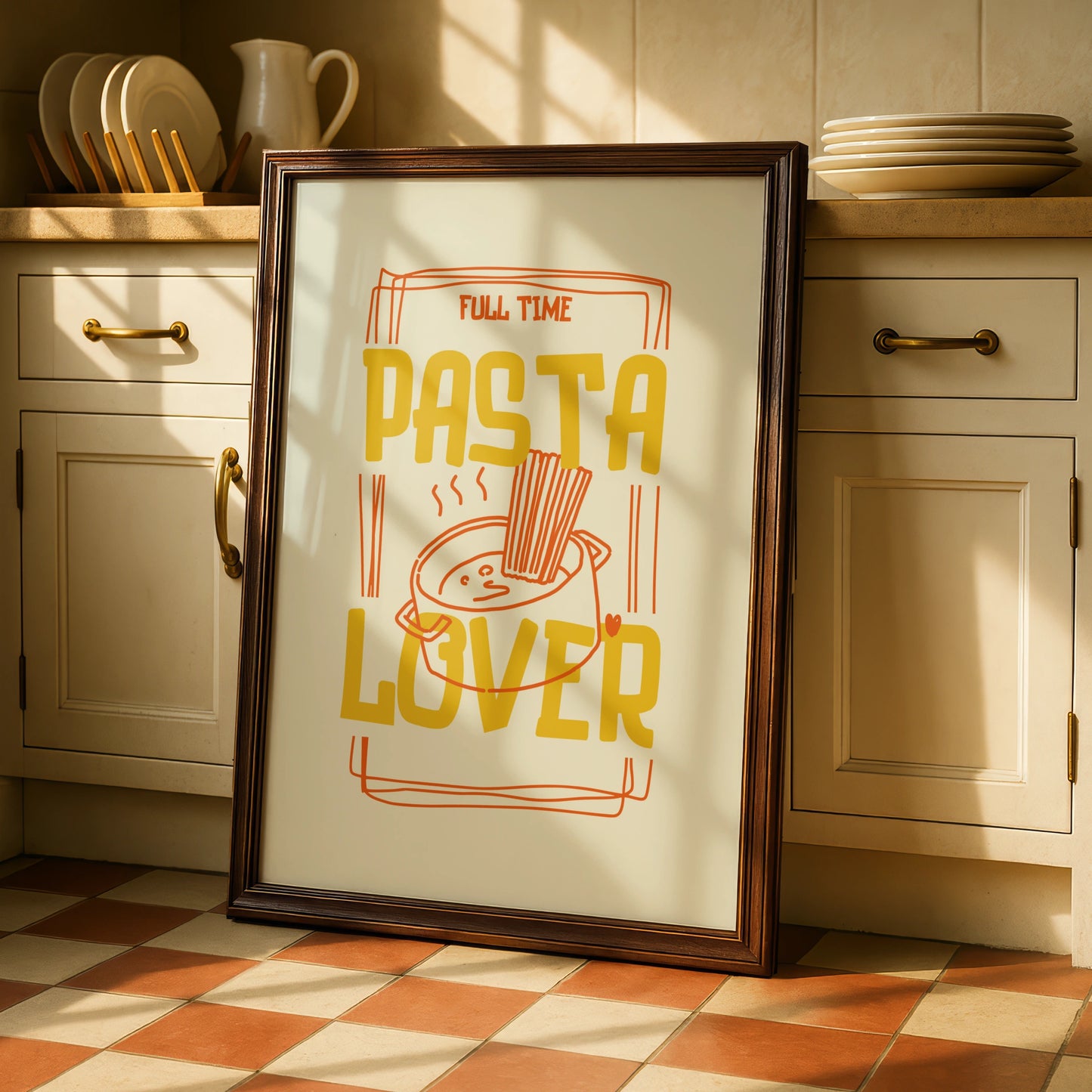Pasta Lover Kitchen Wall Art Print, Funny Food Poster, Mustard Yellow Kitchen Decor