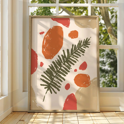 Botanical Kitchen Wall Art, Boho Fern Leaf Print, Terracotta Orange Green Poster
