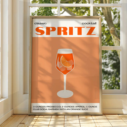 Aperol Spritz Cocktail Kitchen Print, Bar Cart Wall Art, Orange Drink Poster