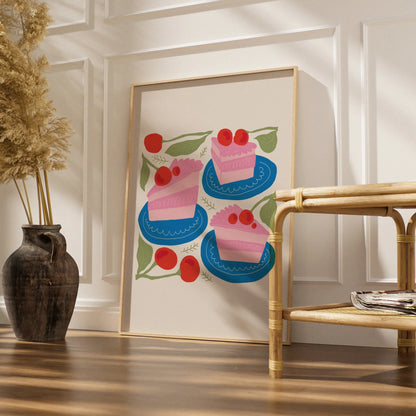 Cherry Cake Kitchen Wall Art, Pink Cake Slice Poster, Bakery Print, Colourful Food Art