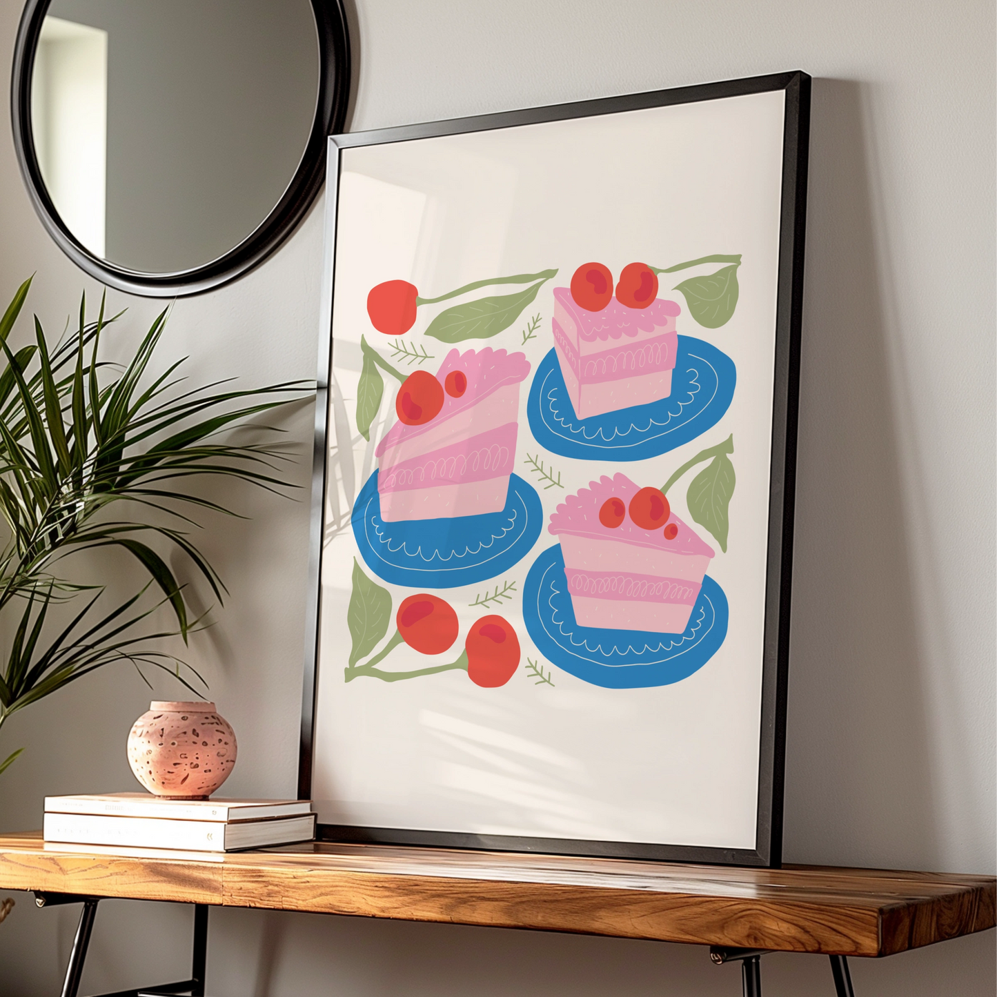 Cherry Cake Kitchen Wall Art, Pink Cake Slice Poster, Bakery Print, Colourful Food Art