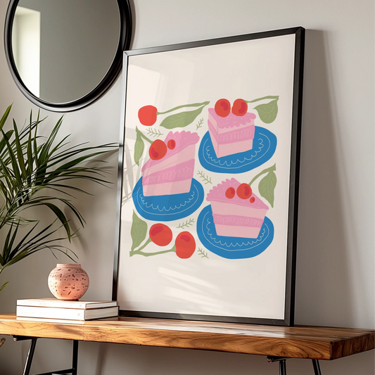 Cherry Cake Kitchen Wall Art, Pink Cake Slice Poster, Bakery Print, Colourful Food Art