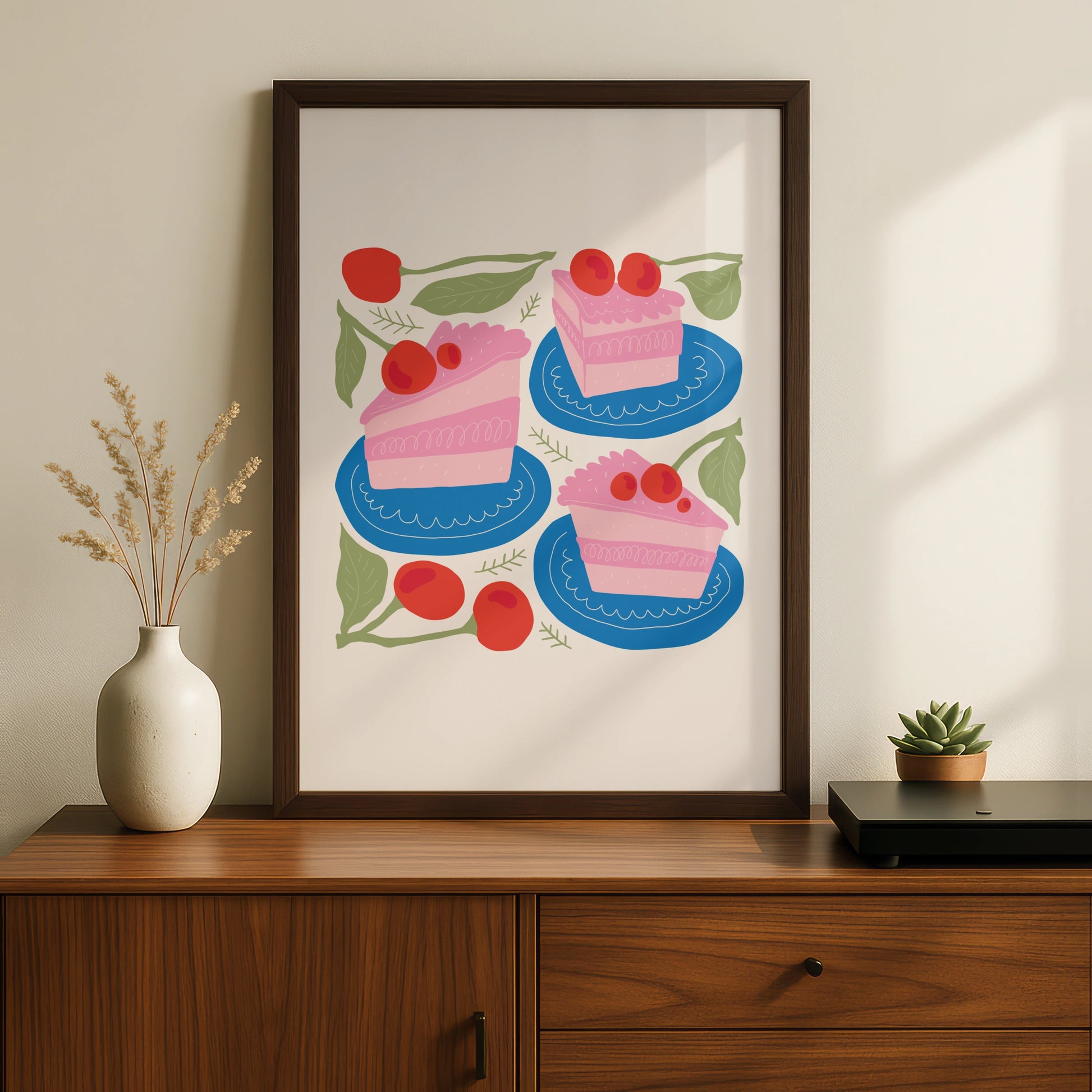 Cherry Cake Kitchen Wall Art, Pink Cake Slice Poster, Bakery Print, Colourful Food Art