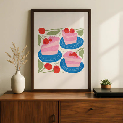Cherry Cake Kitchen Wall Art, Pink Cake Slice Poster, Bakery Print, Colourful Food Art
