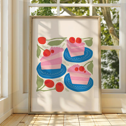 Cherry Cake Kitchen Wall Art, Pink Cake Slice Poster, Bakery Print, Colourful Food Art