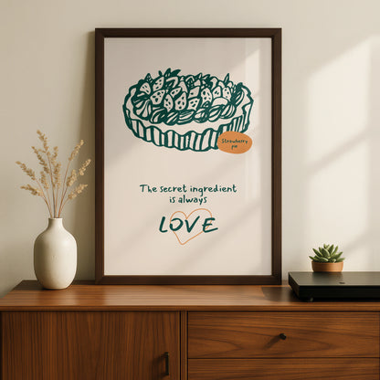 Strawberry Pie Kitchen Art Print, Whimsical Cooking Poster, Secret Ingredient Love, Bakery Decor