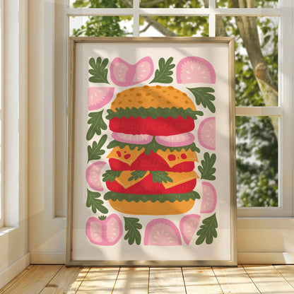 Burger Kitchen Wall Art Print, Colourful Food Poster, Retro Illustration, Restaurant Decor