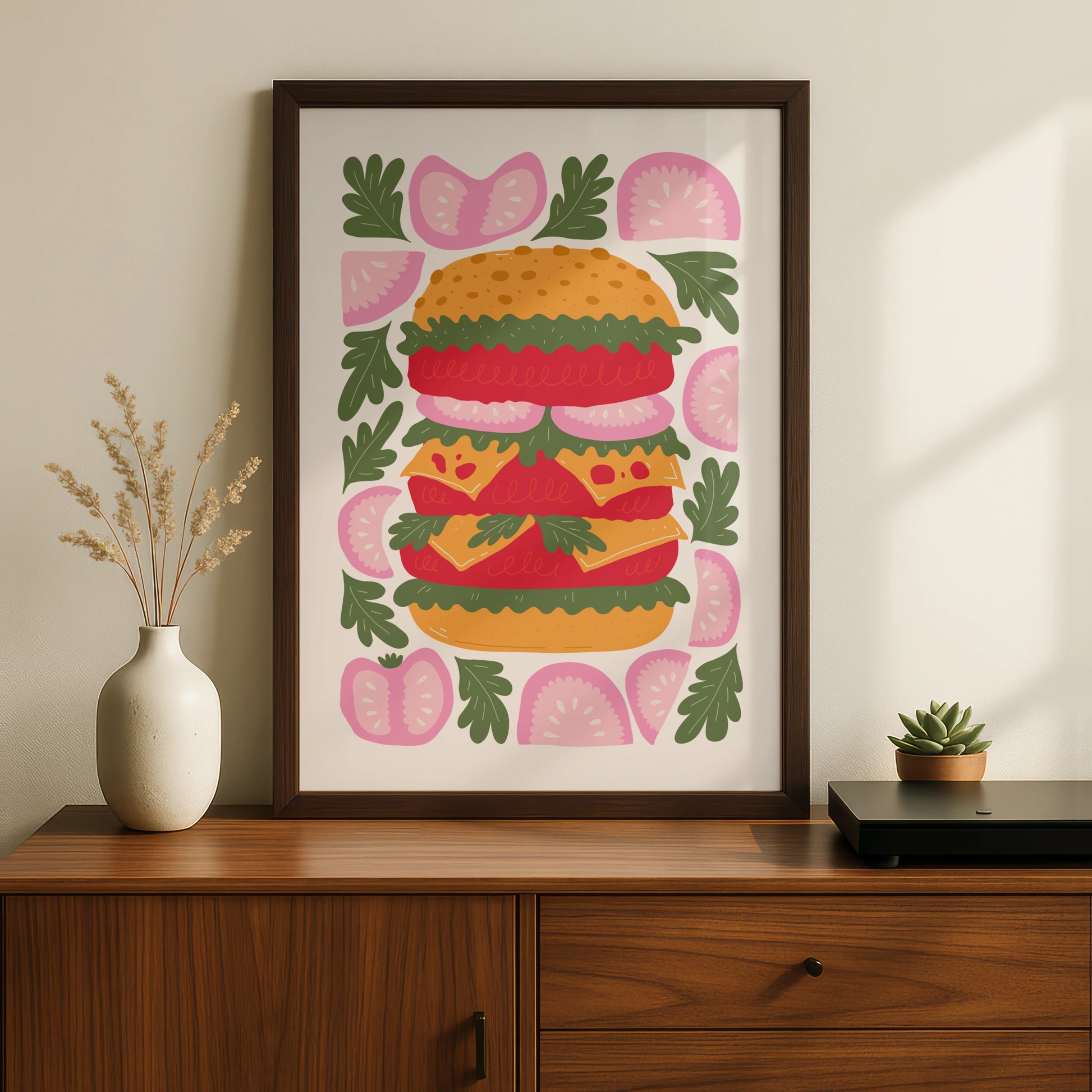 Burger Kitchen Wall Art Print, Colourful Food Poster, Retro Illustration, Restaurant Decor