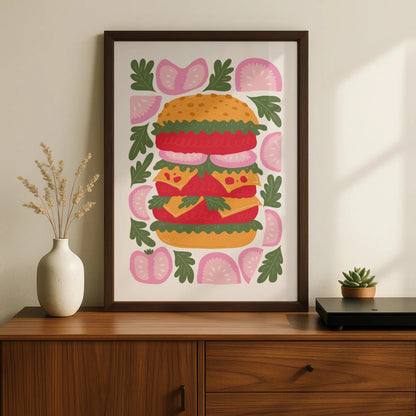 Burger Kitchen Wall Art Print, Colourful Food Poster, Retro Illustration, Restaurant Decor