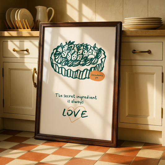 Strawberry Pie Kitchen Art Print, Whimsical Cooking Poster, Secret Ingredient Love, Bakery Decor