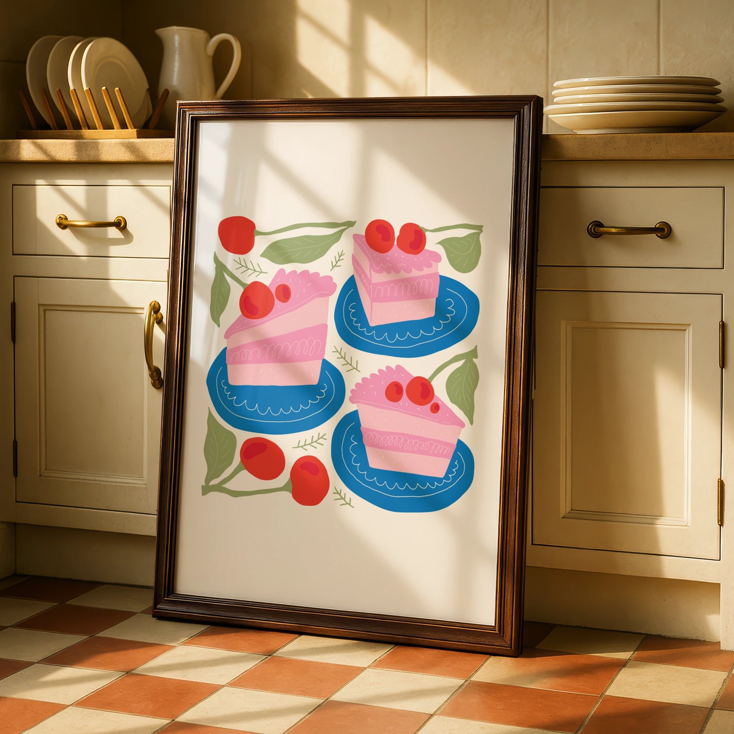 Cherry Cake Kitchen Wall Art, Pink Cake Slice Poster, Bakery Print, Colourful Food Art