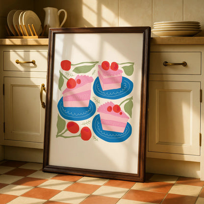 Cherry Cake Kitchen Wall Art, Pink Cake Slice Poster, Bakery Print, Colourful Food Art