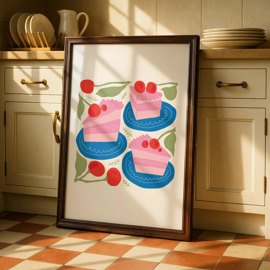 Cherry Cake Kitchen Wall Art, Pink Cake Slice Poster, Bakery Print, Colourful Food Art