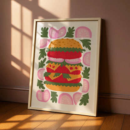 Burger Kitchen Wall Art Print, Colourful Food Poster, Retro Illustration, Restaurant Decor