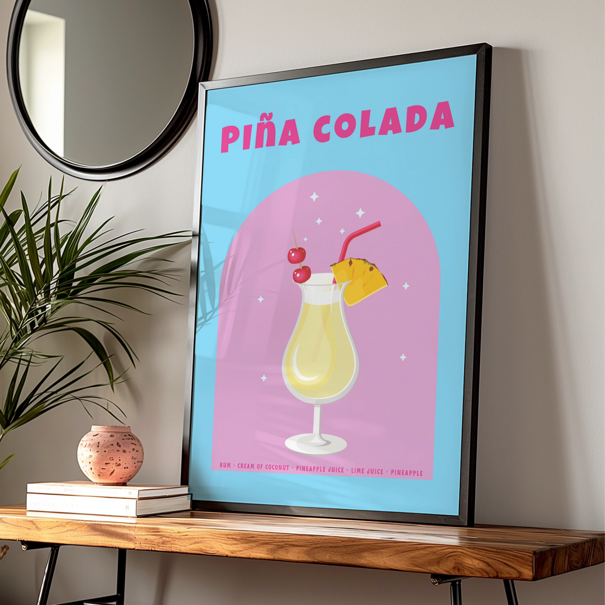Pina Colada Cocktail Kitchen Print, Bar Cart Wall Art, Tropical Drink Poster